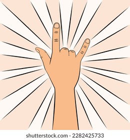 Back of rock and roll hand sign. Goat gesture in cartoon style. Vector hand drawn illustration with contour.