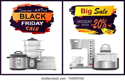 Back sale discount offer on white background. Vector illustration with discount advert and kitchen staff like pans and coffee machine