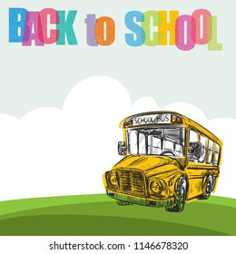 Back to scholl banner, Cartoon yellow bus