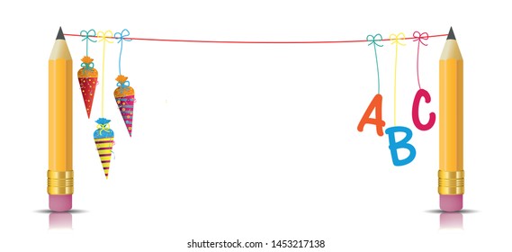Back to scholl banner with pencils, candy cones and ABC letters. Eps 10 vector file.