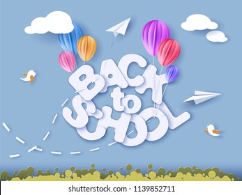 Back to school 1 september banner with air balloons. Vector illustration. Paper cut style.