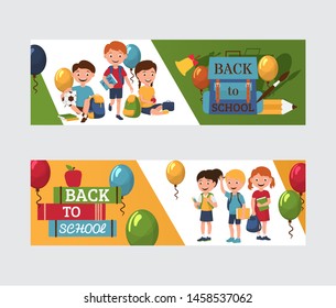 Back to school 1 september banners with boys and girls, baloons, backpack with pens and pencils and books, vector illustration. Cartoon back to school children.