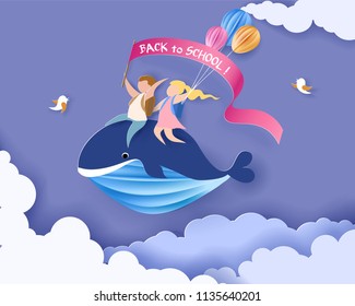 Back to school 1 september card with kids sitting on whale flying in sky background. Vector illustration. Paper cut and craft style.