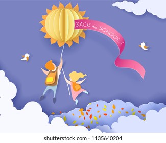 Back to school 1 september card with kids, leaves and sun on blue sky background. Vector illustration. Paper cut and craft style.