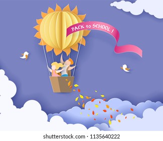 Back to school 1 september card with kids, leaves and sun shaped air balloon on blue sky background. Vector illustration. Paper cut and craft style. Back to school 1 september card with kids, leaves and sun shaped air balloon on blue sky background. Vector illustration. Paper cut and craft style.