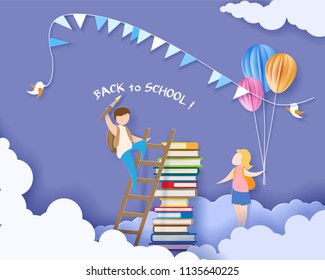 Back to school 1 september card with boy, girl and books on blue sky background. Vector illustration. Paper cut and craft style.