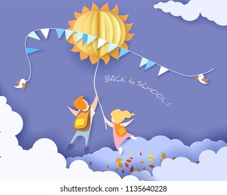 Back to school 1 september card with kids, leaves and sun on blue sky background. Vector illustration. Paper cut and craft style.