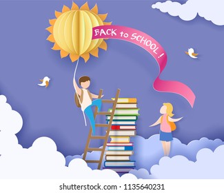 Back to school 1 september card with boy, books and sun on blue sky background. Vector illustration. Paper cut and craft style.