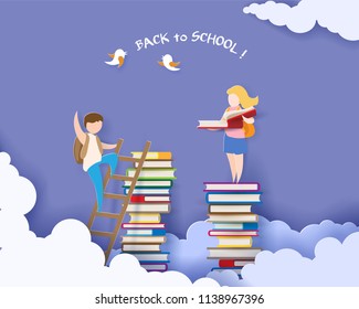 Back to school 1 september card with boy and boy reading book on stack of books. Vector illustration. Paper cut and craft style.