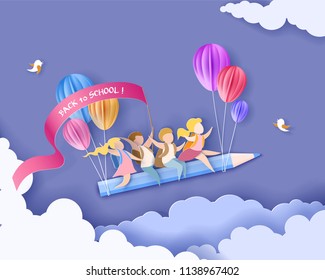 Back to school 1 september card. Children flying on pencil with air balloons. Paper cut style. Vector illustration