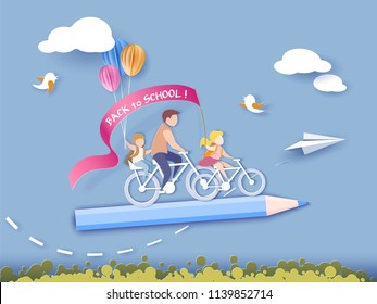 Back to school 1 september card. Children flying on pencil with air balloons. Paper cut style. Vector illustration