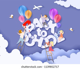 Back To School 1 September Card With Kids, Blue Sky Background. Vector Illustration. Paper Cut And Craft Style.