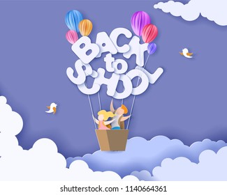 Back to school 1 september card with kids, leaves and sun shaped air balloon on blue sky background. Vector illustration. Paper cut and craft style.