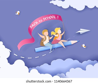 Back to school 1 september card. Children flying on pencil with air balloons. Paper cut style. Vector illustration