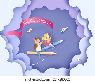 Back to school 1 september card. Children flying on pencil with air balloons. Paper cut style. Vector illustration