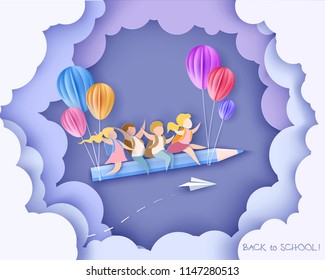 Back to school 1 september card. Children flying on pencil with air balloons. Paper cut style. Vector illustration