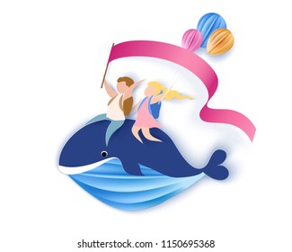 Back to school 1 september card with kids sitting on whale flying in sky background. Vector illustration. Paper cut and craft style.