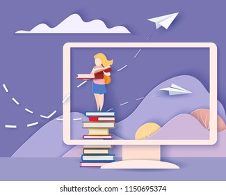 Back to school 1 september card. Monitor screen with mountains, books and girl. Paper cut style. Vector illustration Back to school 1 september card. Monitor screen with mountains, books and girl. Paper cut style. Vector illustration