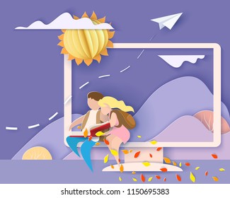 Back to school 1 september card. Monitor screen with mountains, boy and girl reading book. Paper cut style. Vector illustration