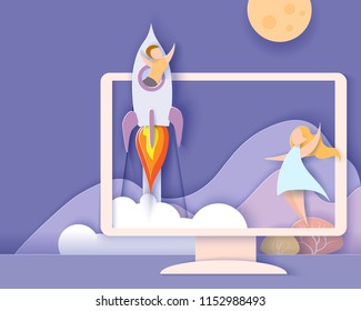 Back to school 1 september card. Monitor screen with mountains and children flying on rocket. Paper cut style. Vector illustration