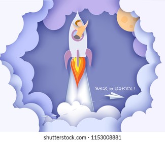 Back to school 1 september card. Children flying on rocket. Paper cut style. Vector illustration Back to school 1 september card. Children flying on rocket. Paper cut style. Vector illustration