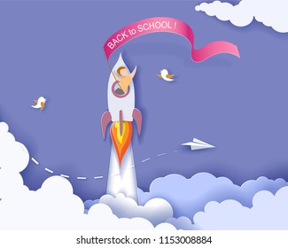 Back To School 1 September Card. Children Flying On Rocket. Paper Cut Style. Vector Illustration