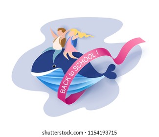 Back to school 1 september card with kids sitting on whale flying in sky background. Vector illustration. Paper cut and craft style.