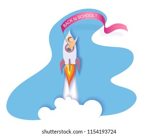 Back to school 1 september card. Children flying on rocket. Paper cut style. Vector illustration