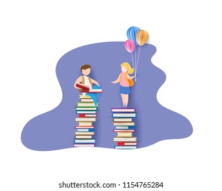 Back to school 1 september card with boy, girl, books. Vector illustration. Paper cut and craft style.