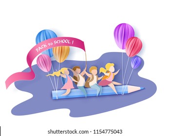 Back to school 1 september card. Children flying on pencil with air balloons. Paper cut style. Vector illustration Back to school 1 september card. Children flying on pencil with air balloons. Paper cut style. Vector illustration