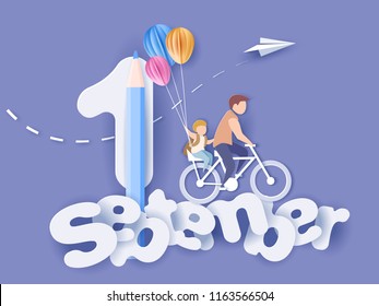 Back to school 1 september card. Children bicycling with air balloons. Paper cut style. Vector illustration