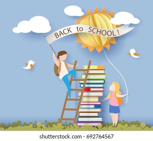 Back To School 1 September Card With Kids, Books And Sun On Blue Sky Background. Vector Illustration. Paper Cut And Craft Style.