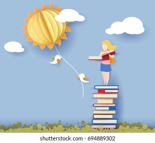 Back To School 1 September Card With Girl Reading Book And Standing On Stack Of Books. Vector Illustration. Paper Cut And Craft Style.