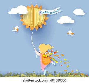 Back to school 1 september card with girl, leaves and sun on blue sky background. Vector illustration. Paper cut and craft style.