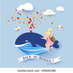 Back to school 1 september card with girl sitting on whale flying on blue sky background. Vector illustration. Paper cut and craft style.