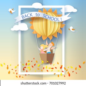 Back to school 1 september card with kids, leaves and sun shaped air balloon on blue sky background. Vector illustration. Paper cut and craft style.