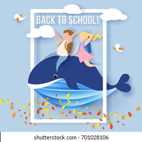 Back to school 1 september card with kids sitting on whale flying on blue sky background. Vector illustration. Paper cut and craft style.