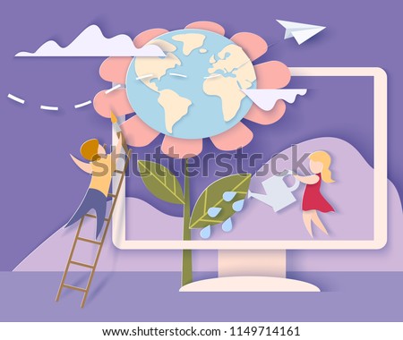 Back to school 1 september card. Monitor screen with mountains, trees, waterfall and children caring for the Earth flower. Paper cut style. Vector illustration