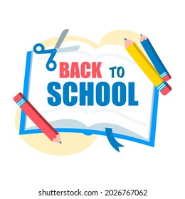 Back to school. 1 September. Creative design concept with school bag and education elements, books, pen, pencil, ruler, art and craft.Vector illustration in cartoon style.