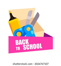 De vuelta a la escuela. 1 de septiembre. Concepto de diseño creativo con bolsos escolares y elementos educativos, libros, lápiz, lápiz, regla, arte y artesanía.Ilustración vectorial al estilo de las caricaturas.