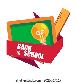 Back to school. 1 September. Creative design concept with school bag and education elements, books, pen, pencil, ruler, art and craft.Vector illustration in cartoon style.