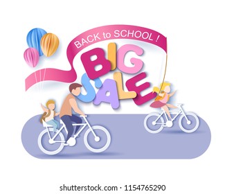 Back to school 1 september Sale. Children bicycling with air balloons. Paper cut style. Vector illustration