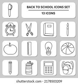 Back To School 13 Icons Set In Line Art.