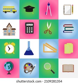 Back to school. 16 set of Flat colored icons. Collection of design elements. Raster illustration.