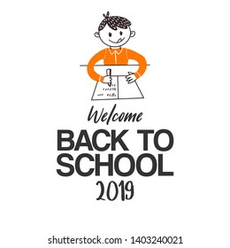 Back to school 2019 logo. Cute doodle flat style. Shoolbiy written with pen in notebook.