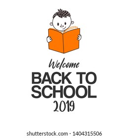 Back to school 2019 logo. Cute doodle flat style. School Boy teenager reading a book.