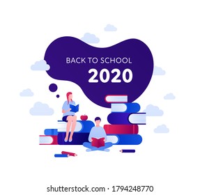 Back to school 2020 and education concept. Vector flat person illustration. Couple of girl and boy reading. Text in frame. Book, apple and pen sign. Design for banner, poster, web, infographic