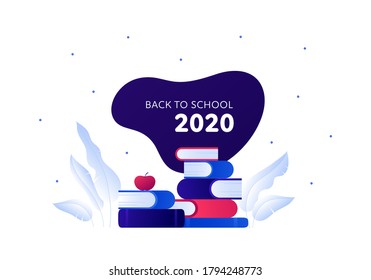 Zurück zur Schule 2020 und zum Bildungskonzept. Vektorflache Illustration. Buchstapel mit Ökologie-Blattsymbol. Rahmen mit Text einzeln auf Weiß. Design für Schulbanner, Web, Infografik, Einladung.