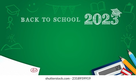 Zurück zur Schule 2023 Poster mit Stiften, Studententest und Taschenrechner auf grünem schwarzem Hintergrund. Vektorgrafik