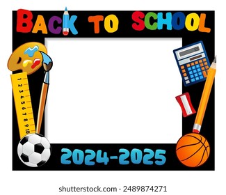 Back to school 2024-2025, booth photo frame design. Creative vector text - back to school with colored pencils, brush, ball, ruler, sharpener and calculator